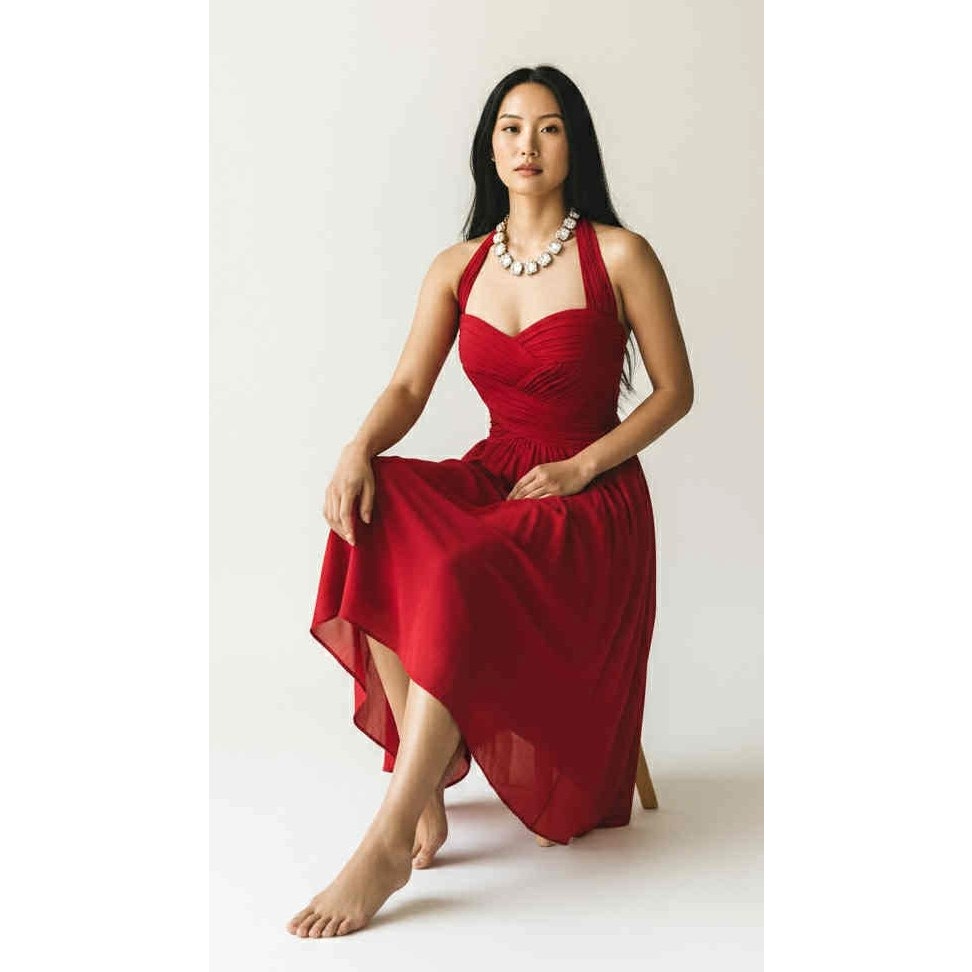 ONLY ONE!!! Tadashi Shoji Red Chiffon 100% Silk Ruched Halter Dress Cocktail Evening Dress 8