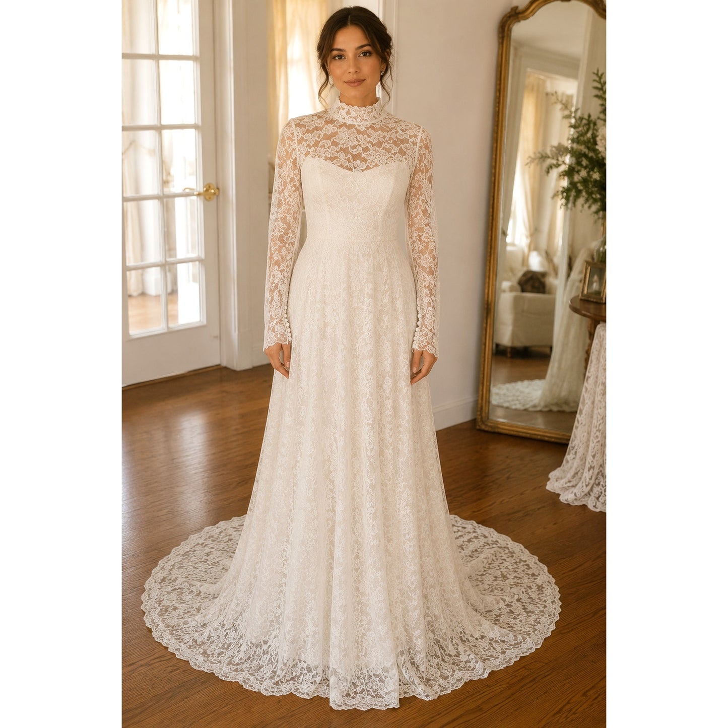 Vintage 1960s William Cahill Lace Wedding Dress with Train XS Antique Ivory