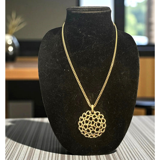 ONLY ONE!!! Vintage Monet Gold Tone Filigree Pendant Necklace Large Round Medallion