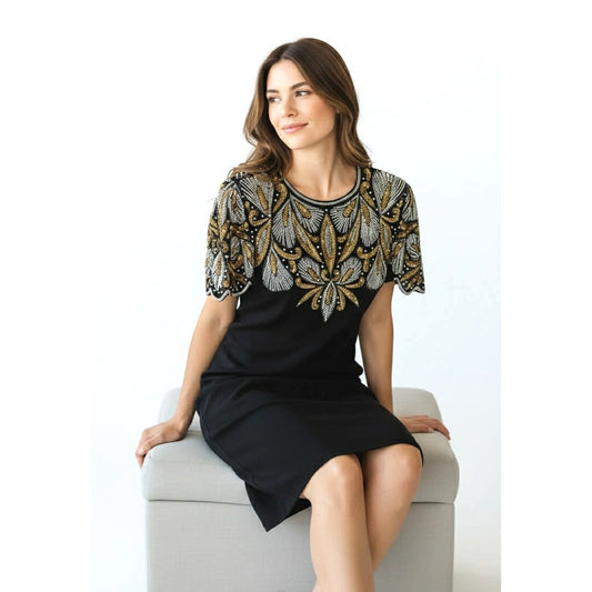 ONLY ONE!!! Vintage Laurence Kazar New York Black Beaded Cocktail Dress ~ Size  XL