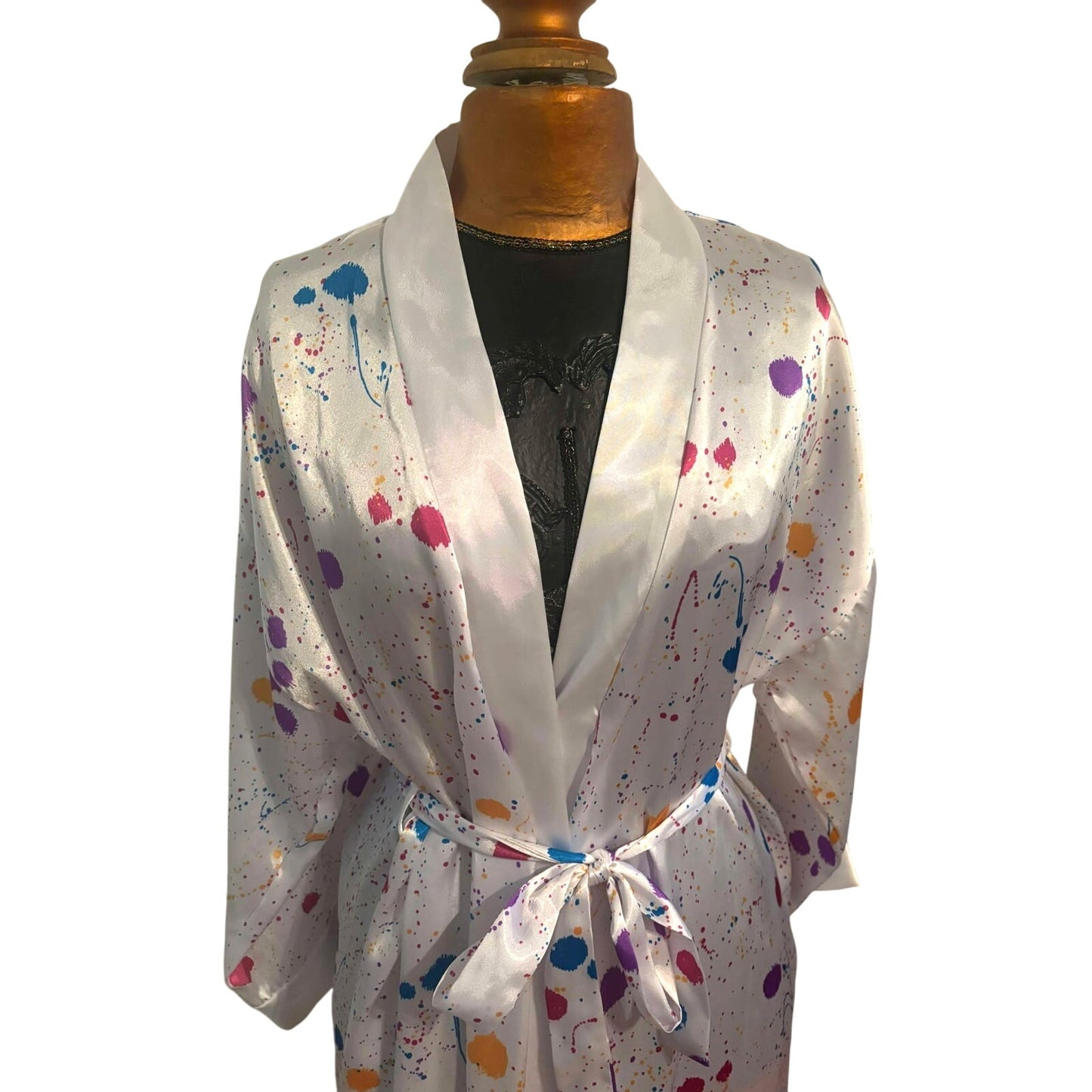 ONLY ONE!!! Vintage Intimate Affair Long White Satin Paint Splattered Robe ~ Size L