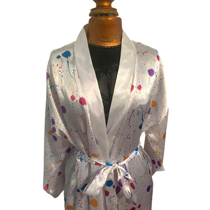 ONLY ONE!!! Vintage Intimate Affair Long White Satin Paint Splattered Robe ~ Size L
