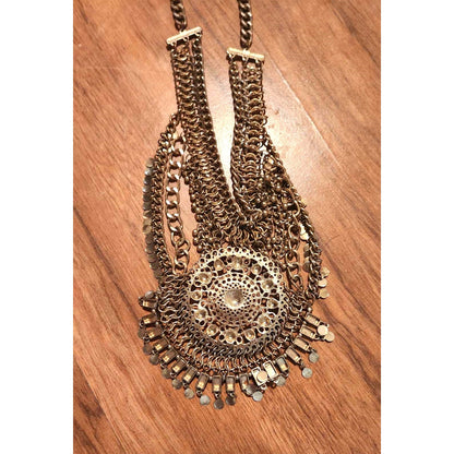 ONLY ONE!!! Vintage Gold Egyptian Revival Necklace Large Disc Circular Tassels Adjustable