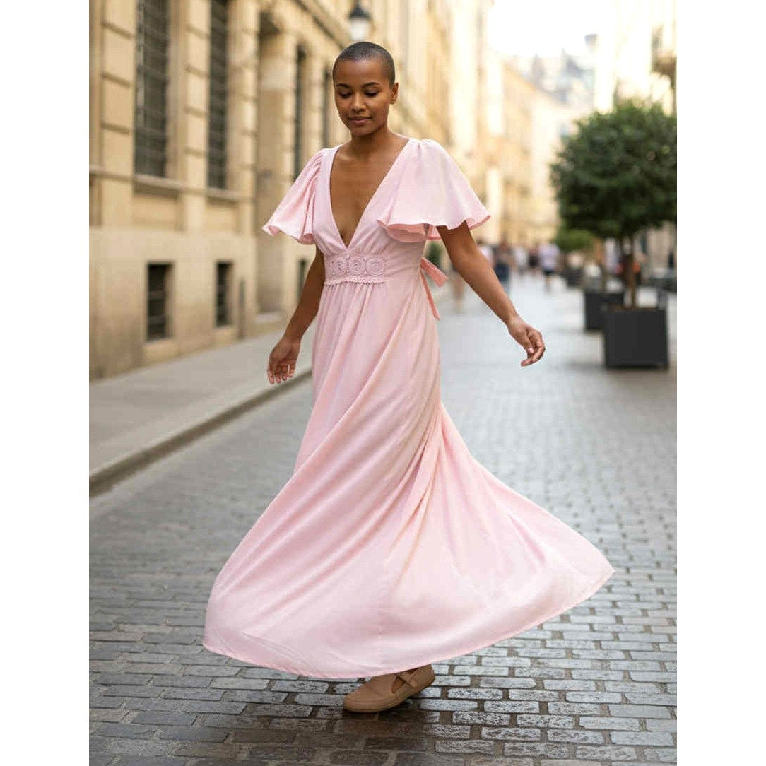 ONLY ONE!!! Vintage 1970s Pink Polyester Maxi Dress w/Bow Tie in Back Sz XS/S