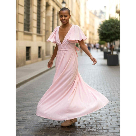 ONLY ONE!!! Vintage 1970s Pink Polyester Maxi Dress w/Bow Tie in Back Sz XS/S