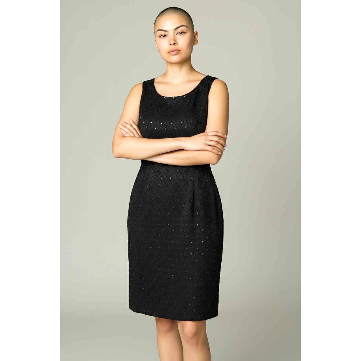 ONLY ONE!!! Vintage 1960s Black Sleeveless Brocade Cocktail Dress w/Silver Metallic Dots ~ Size M/L