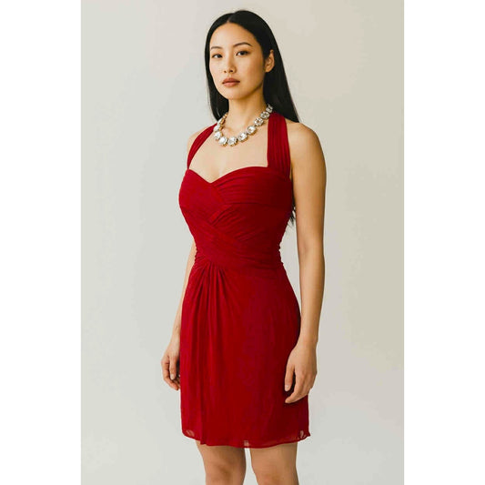 ONLY ONE!!! Tadashi Shoji Red Chiffon 100% Silk Ruched Halter Dress Cocktail Evening Dress 8