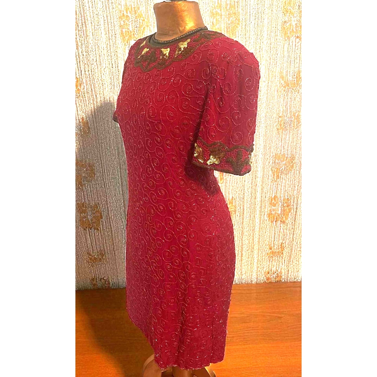 ONLY ONE!!! Vintage Night Vogue Red Silk Beaded Sequin Dress L