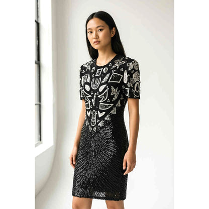 ONLY ONE!!! Vintage 1980s Black Sequin Beaded Cocktail Dress Geometric Art Deco Style ~ Size M