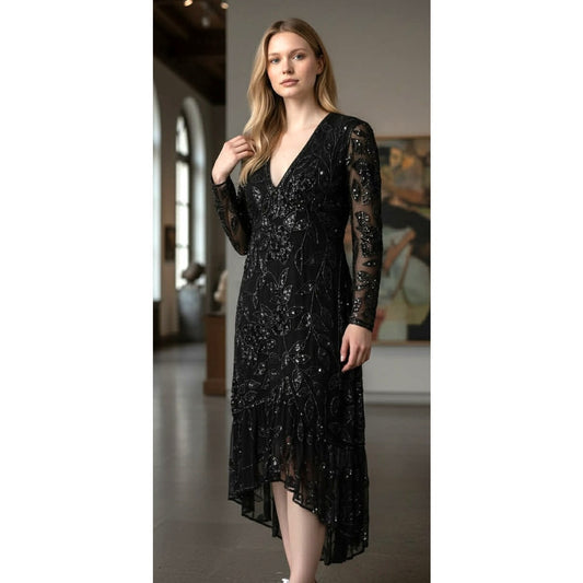 Vintage 1980s Black Silk Sequin Floral Evening Dress with Sheer Sleeves | Size M