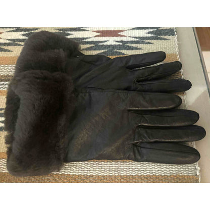 ONLY ONE!!! UGG Women's Leather Genuine Shearling Trim Tech Brown Driving Gloves ~ Size S