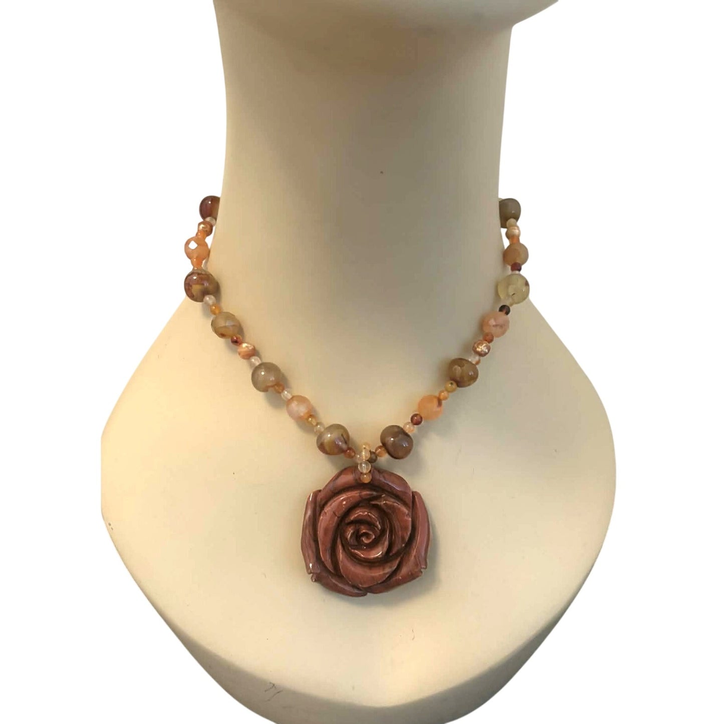 Carved Jasper Rose Pendant Necklace | Artisan Gemstone Statement