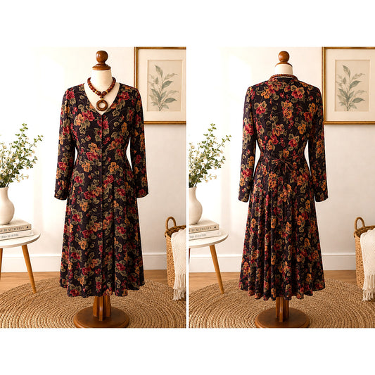 Vintage April Cornell Floral Rayon Midi Dress M