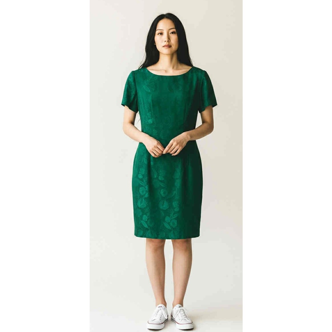 ONLY ONE!!! Vintage 1960s Emerald Satin Brocade 2-Piece Dress & Jacket Set Suit No Label S/M