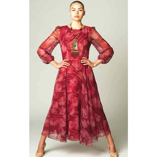 ONLY ONE!!! Vintage 1970s Floral Chiffon Maxi Dress Sheer Sleeves Boho Gown ~ Size XS