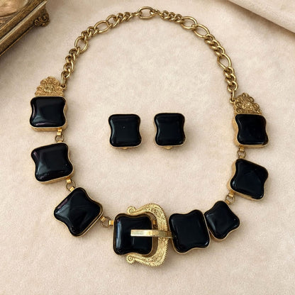 Vintage 1980s Black & Gold Statement Necklace & Earring Set