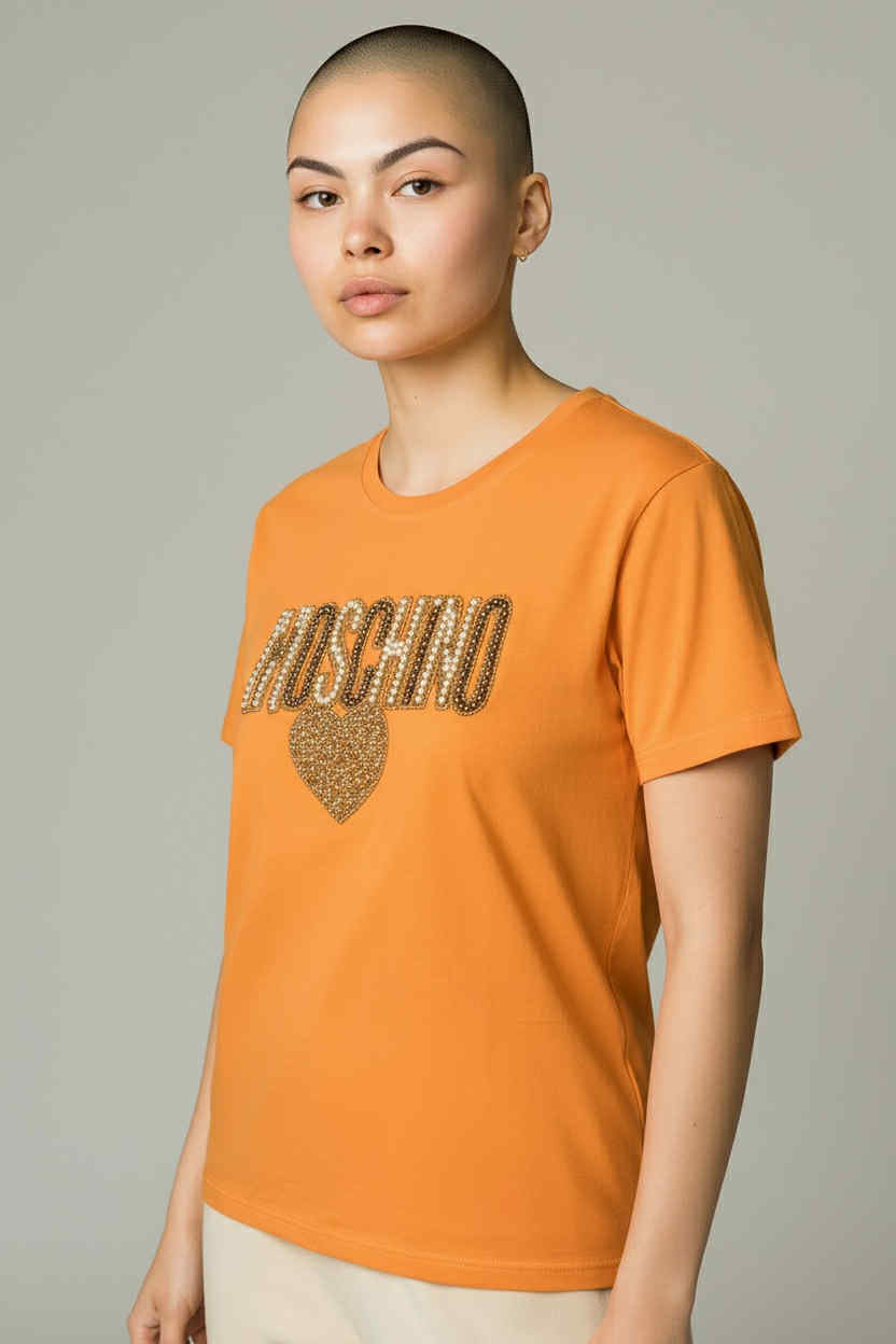 ONLY ONE!!! Moschino Rare Orange Rhinestone Logo Heart Designer T-Shirt Size M