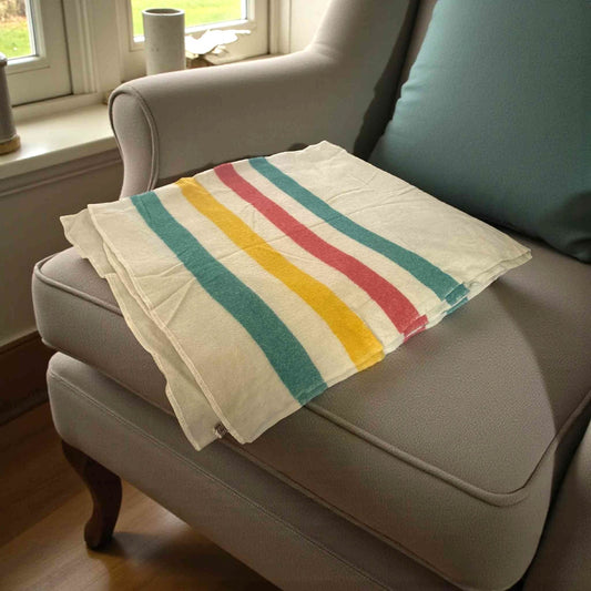 ONLY ONE!!! Vintage Horner All-Wool Camp Blanket – Multicolor Cabin Stripe – 84" x 72"