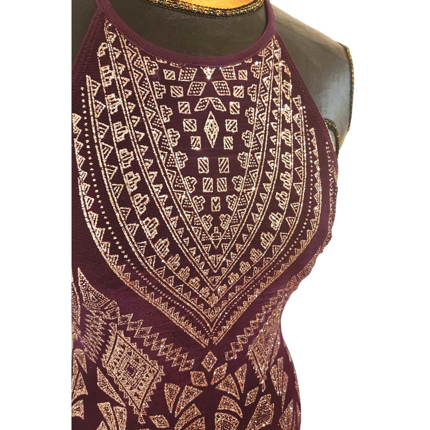 ONLY ONE!!! Vintage 90s Metallic Plum & Gold Halter Evening Gown by JUMP (Size 3/4)