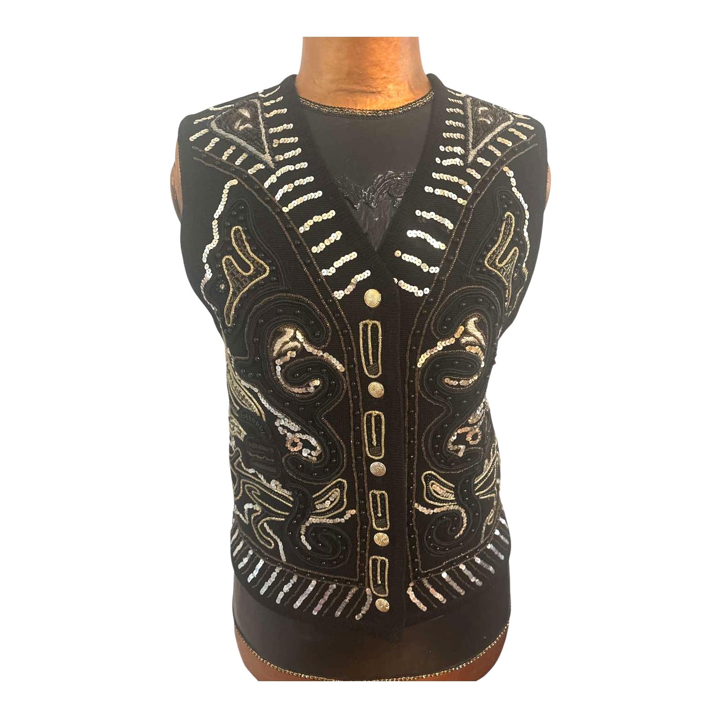 ONLY ONE!!! Vintage 1980s OUTLANDER Black Wool Vest w/Sequins Size M