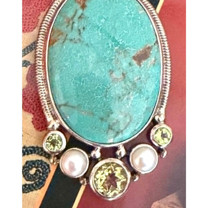 Sterling Silver Turquoise, Pearl & Peridot Artisan Pendant – Thailand