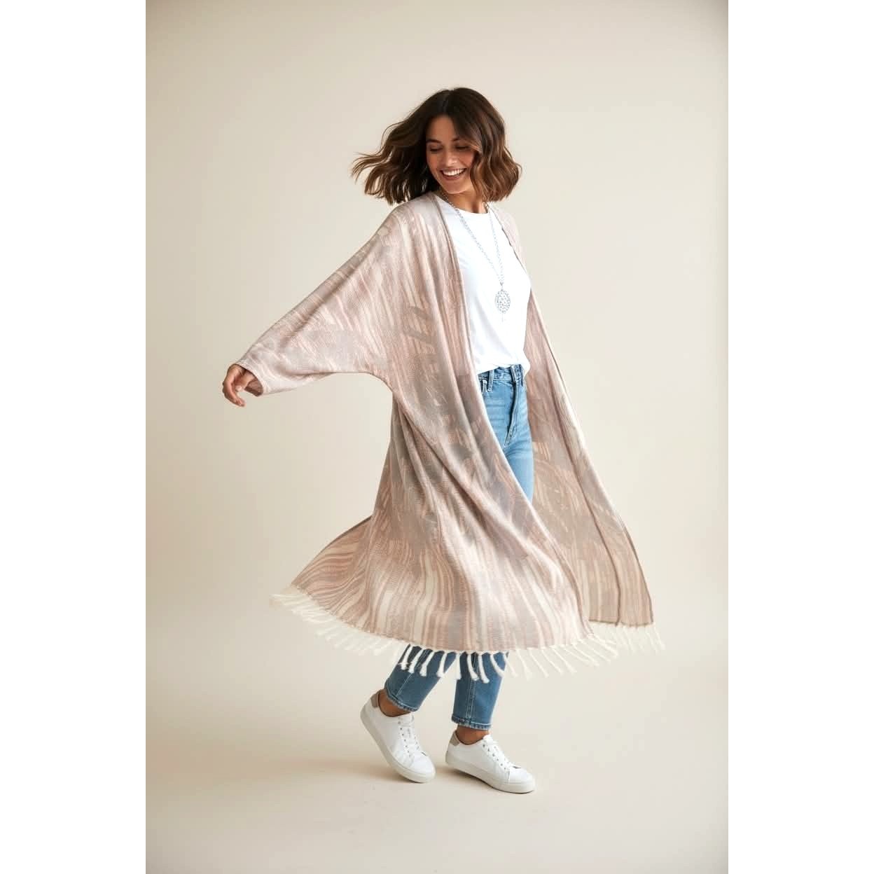 Soft Surroundings Tassel Boho Kimono Duster – XL Neutral Wrap Cardigan