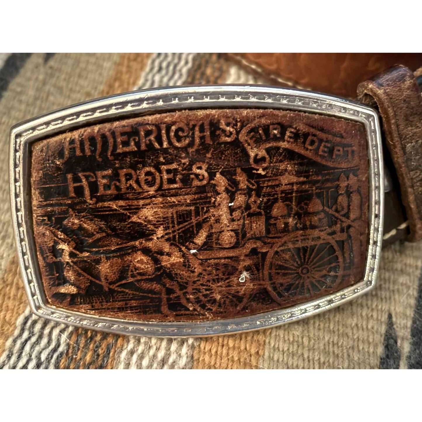 ONLY ONE!!! Vintage America’s Heroes Fire Dept Belt Buckle Tooled Leather Belt