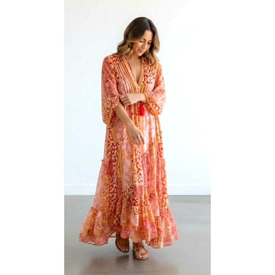 ONLY ONE!!! Talisman Boho Orange Floral Maxi Dress ~ Size Small