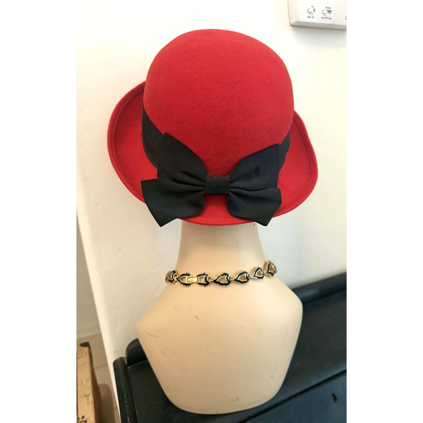 Vintage Red Wool Cloche Hat Black Ribbon USA Retro Chic