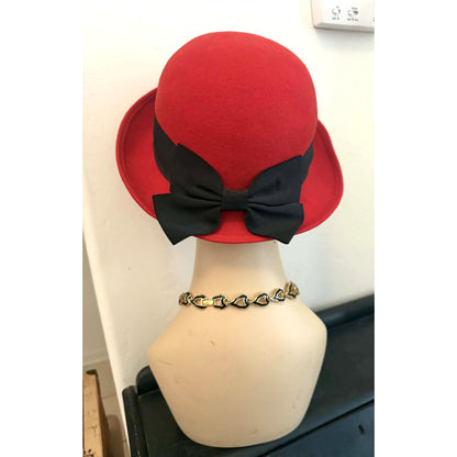 Vintage Red Wool Cloche Hat Black Ribbon USA Retro Chic
