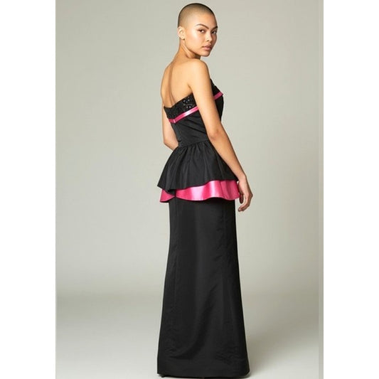 ONLY ONE!!! Vintage Karin Hamlen 1950s Strapless Black & Fuchsia Satin Peplum Cocktail Dress