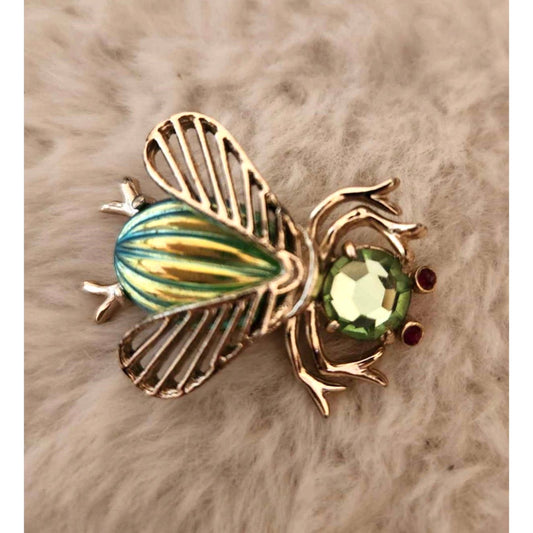 Vintage Signed Weiss Bee Brooch – Gold Tone Green Aurora Borealis Crystals
