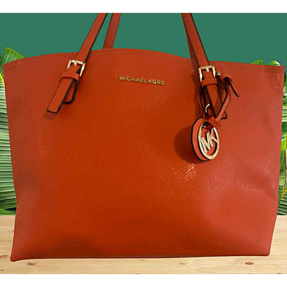 ONLY ONE!!! New Michael Kors Persimmon Orange Jet Set Travel Saffiano Leather Top Zip Tote