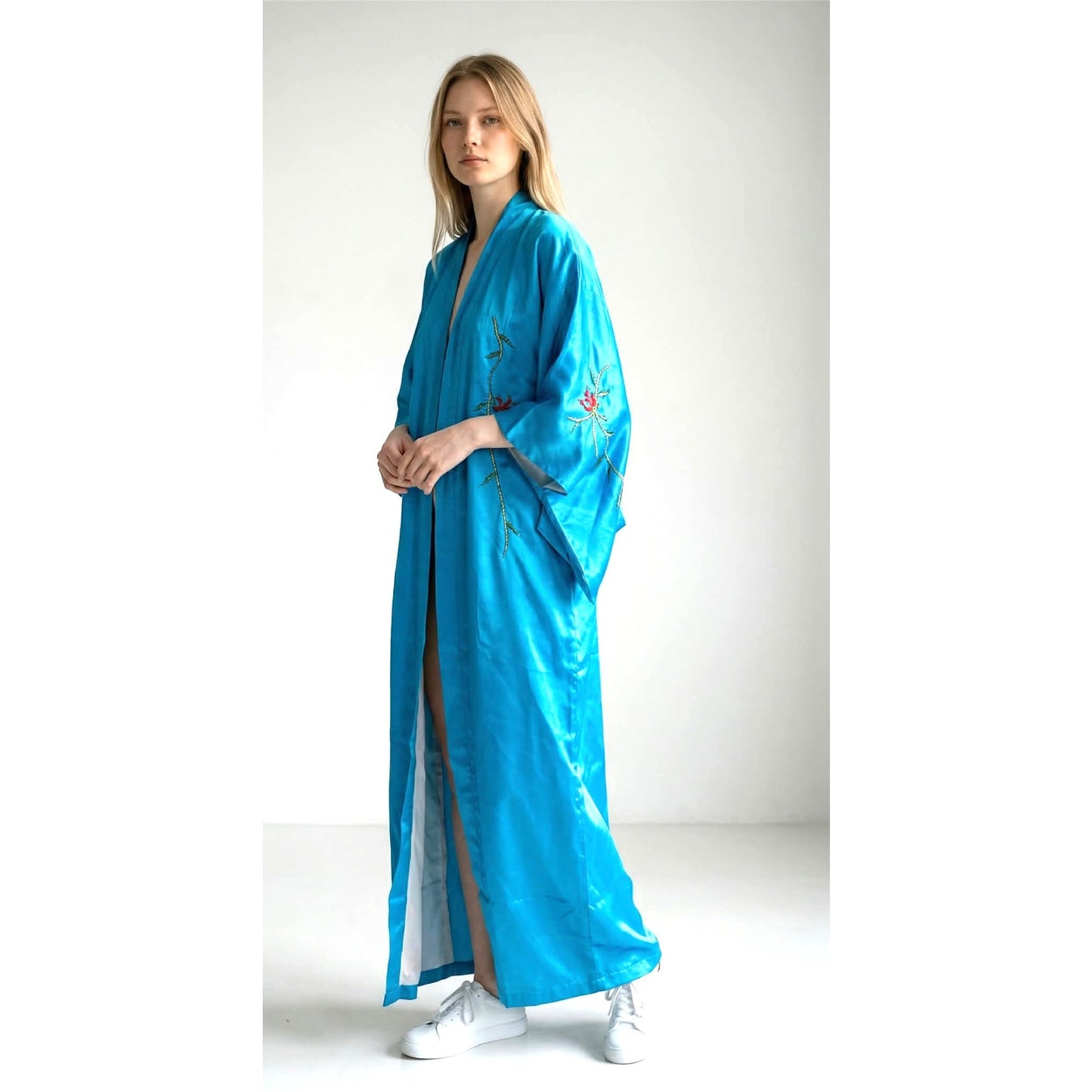 Vintage Blue Satin Embroidered  Kimono Robe