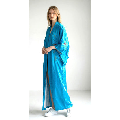 Vintage Blue Satin Embroidered  Kimono Robe