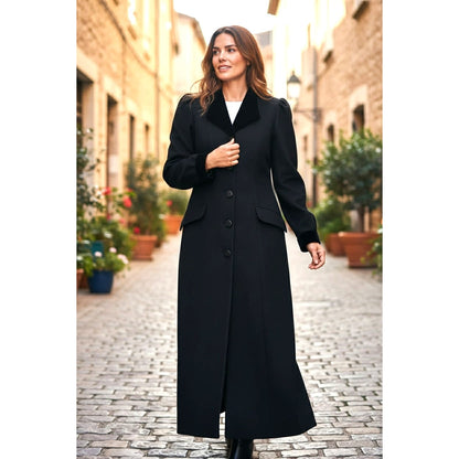 Vintage Laura Ashley Black Wool Velvet Trim Dress / Duster | UK Made