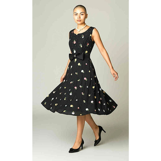 Only One!!! Vintage 1950s Handmade Black Dress Colorful Embroidered Size M