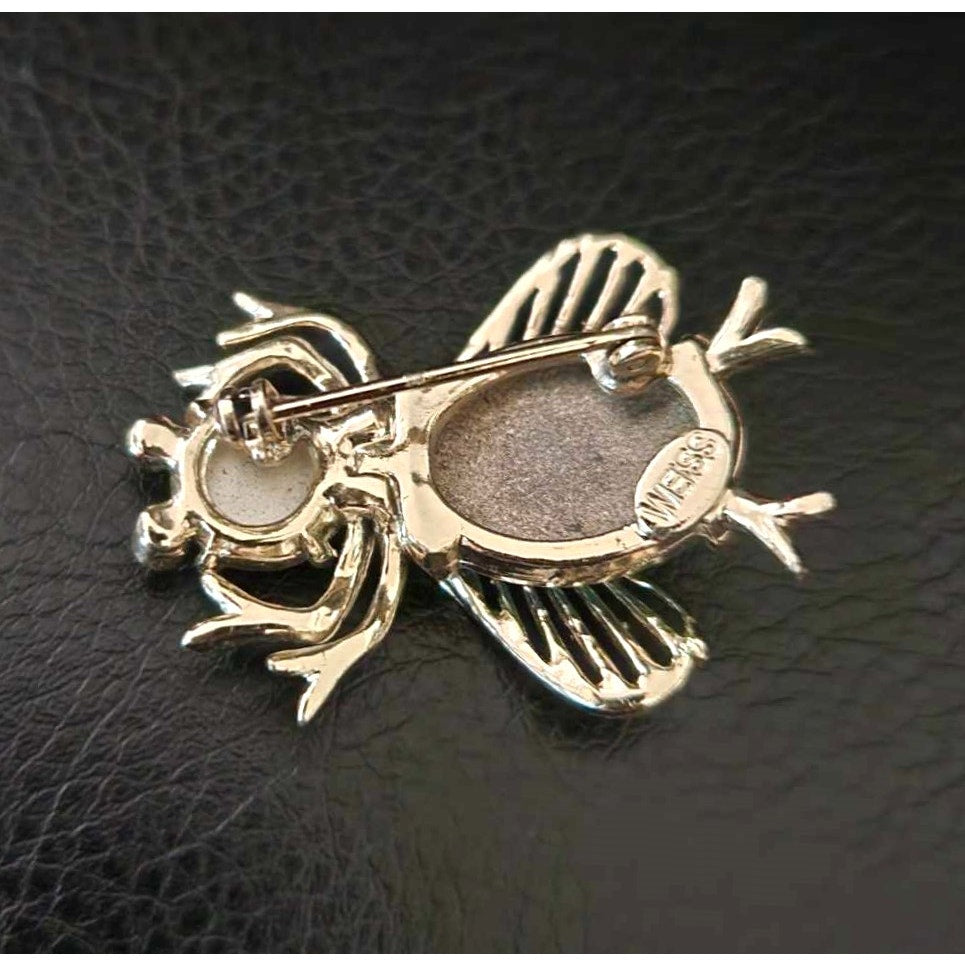 Vintage Signed Weiss Bee Brooch – Gold Tone Green Aurora Borealis Crystals