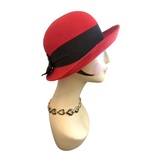 Vintage Red Wool Cloche Hat Black Ribbon USA Retro Chic
