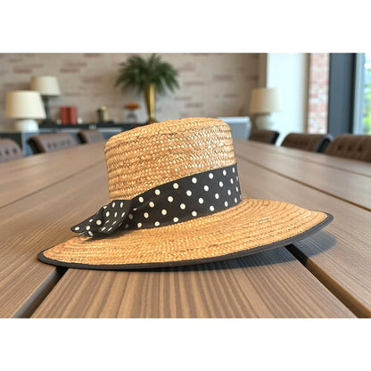 Vintage Eric Javits Straw Boater Hat | Bonwit Teller | Polka Dot Ribbon