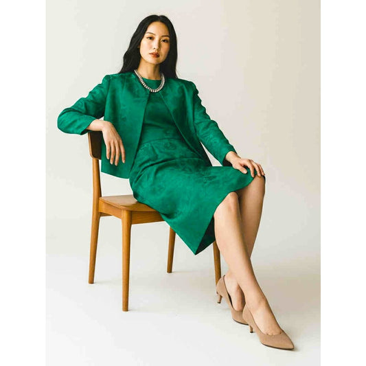 ONLY ONE!!! Vintage 1960s Emerald Satin Brocade 2-Piece Dress & Jacket Set Suit No Label S/M