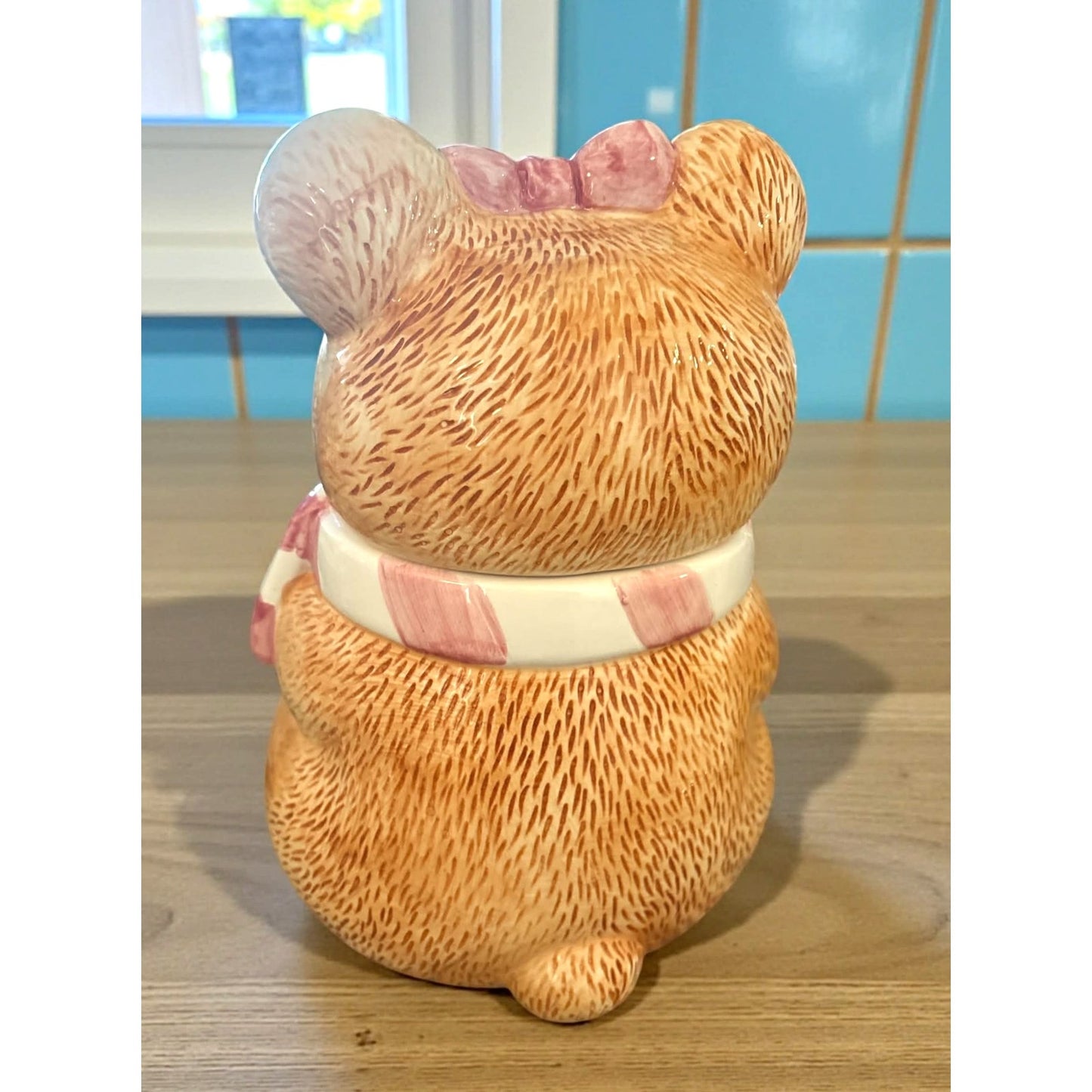 Vintage Cottage Bear Cookie Jar with Pink Bow | Made in Taiwan