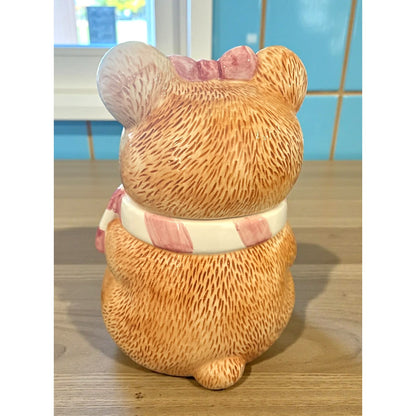 Vintage Cottage Bear Cookie Jar with Pink Bow | Made in Taiwan