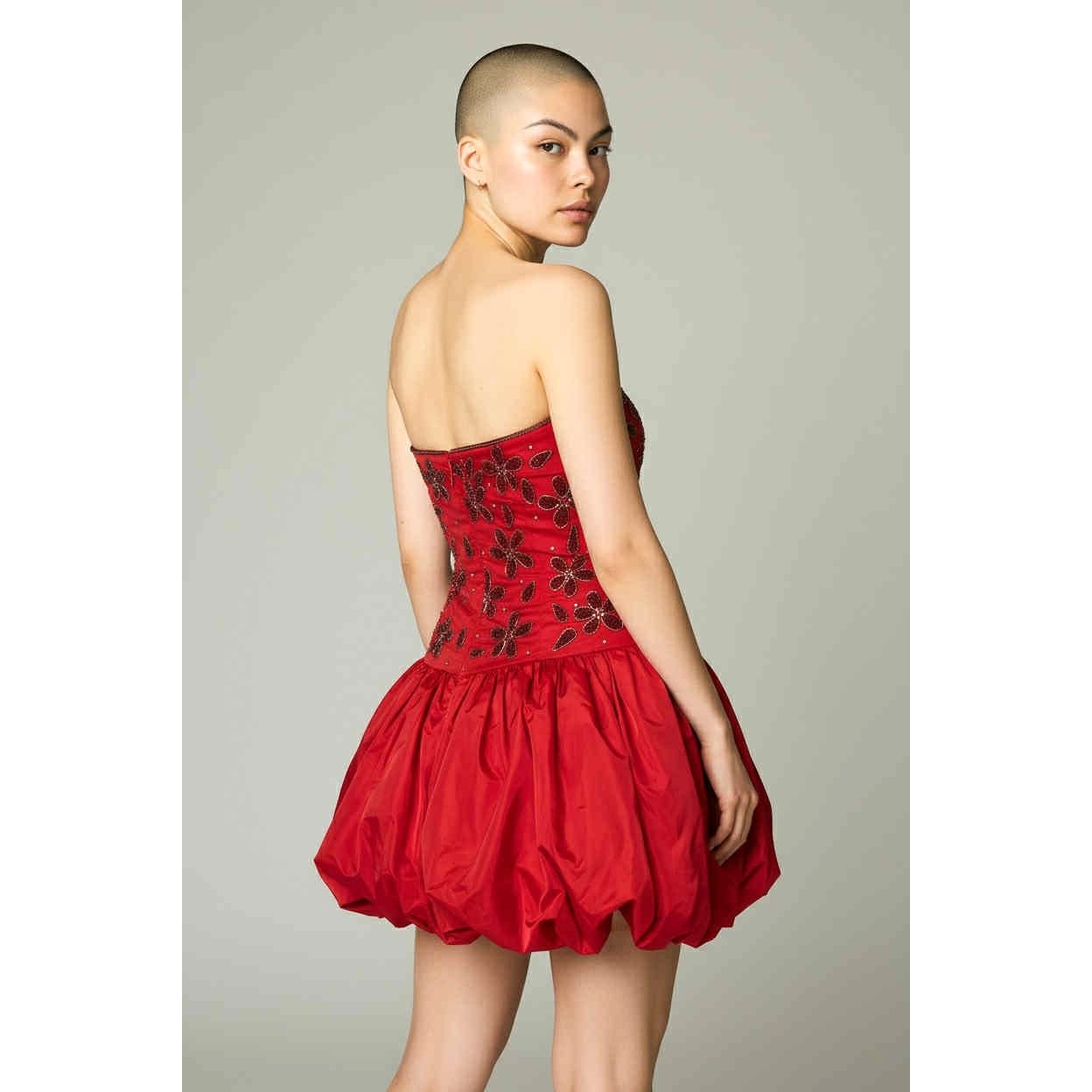 ONLY ONE!!! Vintage 1980s Red Beaded Strapless Party Dress – Bubble Hem Prom Mini Size XS/S