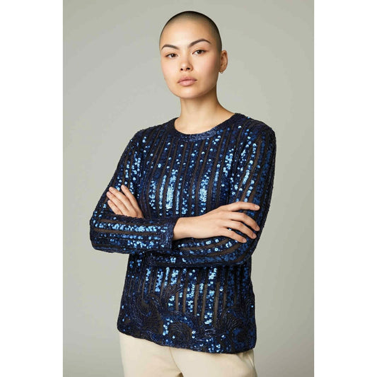 ONLY ONE!!! Vintage 1980s Blue Sequin Beaded Black Silk Top M/L
