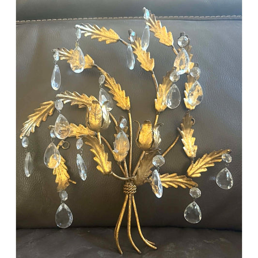 Vintage Hollywood Regency Italian Tole Glass Crystal Floral Wall Hanging Decor