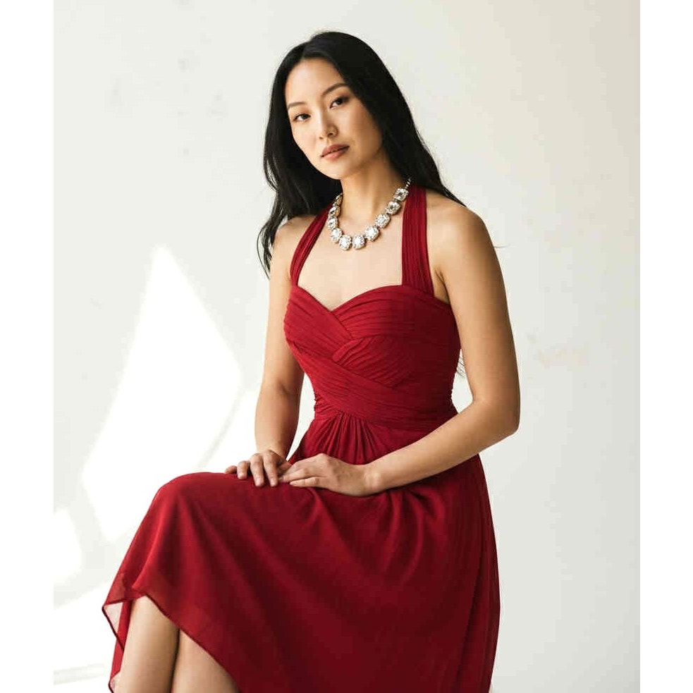 ONLY ONE!!! Tadashi Shoji Red Chiffon 100% Silk Ruched Halter Dress Cocktail Evening Dress 8