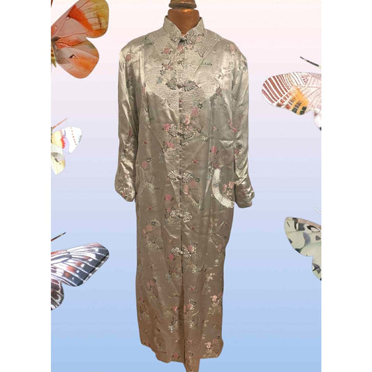 Vtg Gold Asian Satin Brocade Long Cheongsam Robe Jacket Embroidered Floral Sz XL