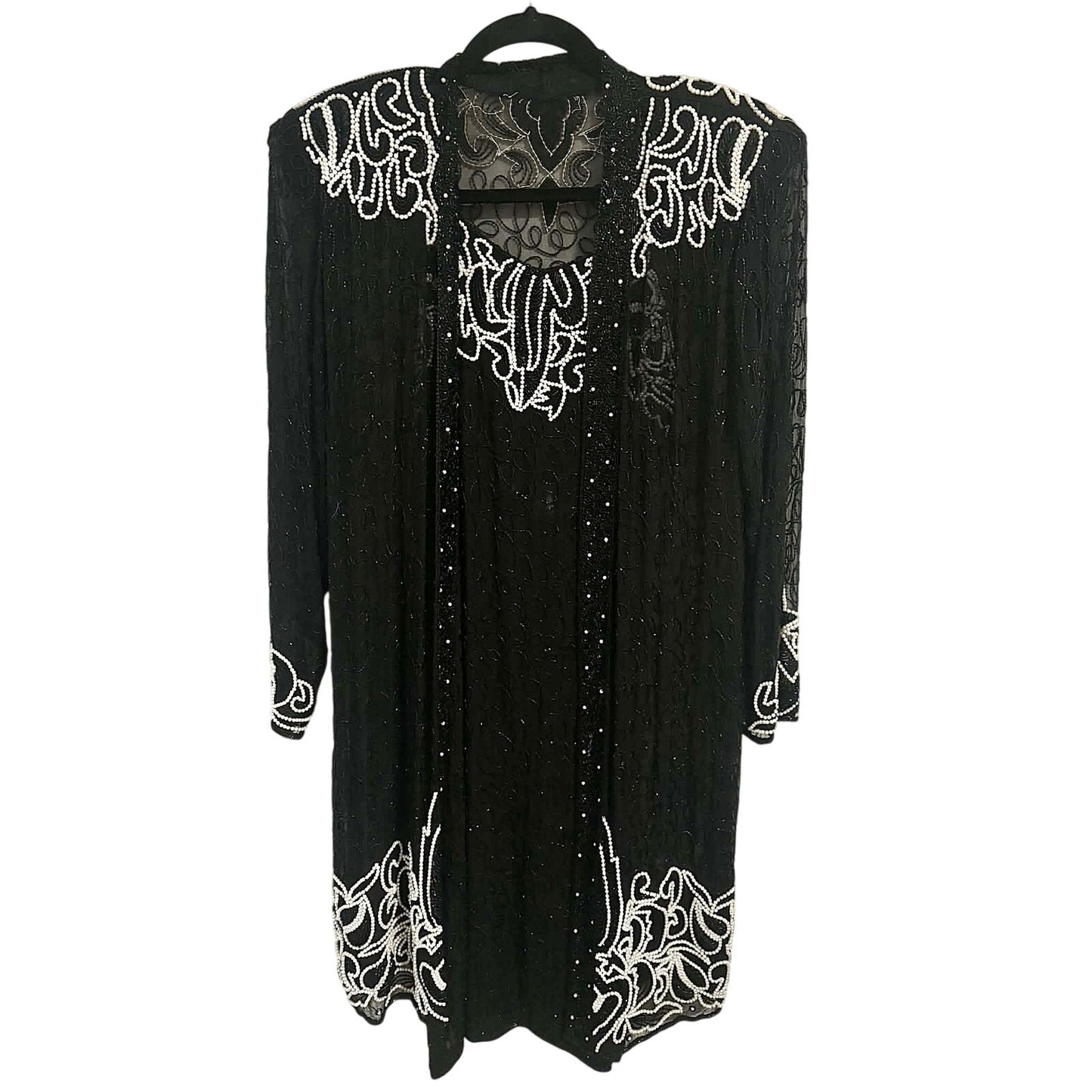ONLY ONE!!! Vintage 1980s Black Silk & Pearl Beaded Evening Dress & Matching Jacket