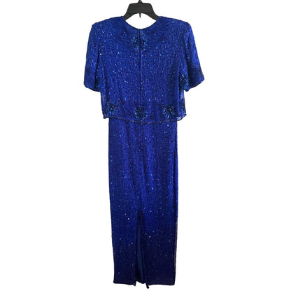 ONLY ONE!!! Vintage Laurence Kazar Full Length Cobalt Blue Beaded Silk Dress ~ Size S